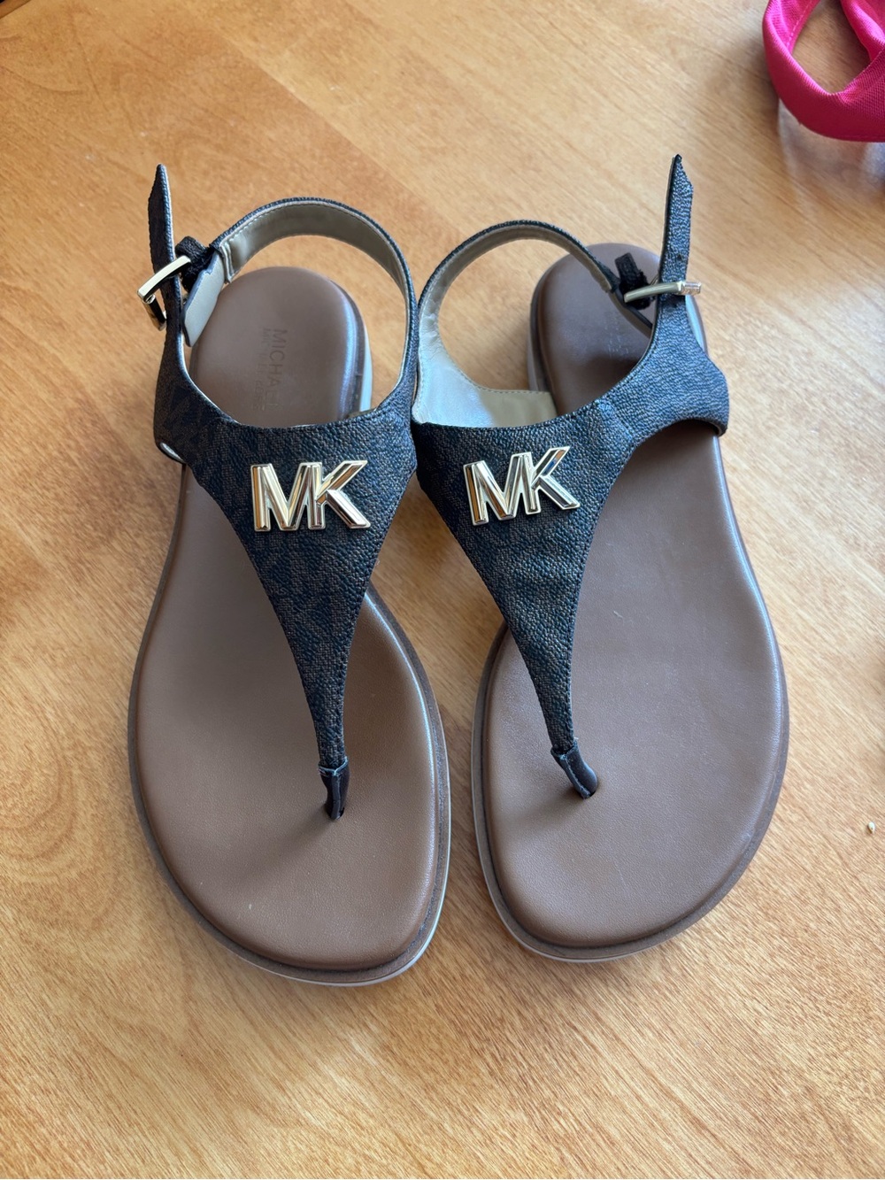 Michael Kors Black and Brown MK Logo T-Strap Sandals